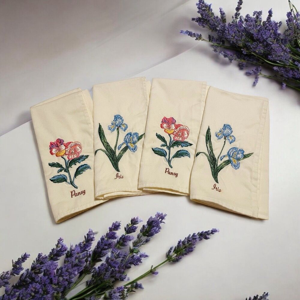 Portmeirion Botanic Garden 19" Cloth Napkin - Set of 4 Ivory With Pansy, Iris
